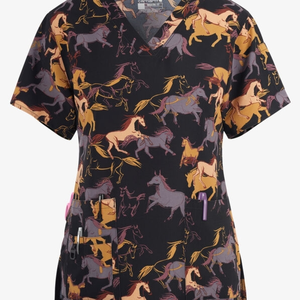 Carhartt Women's V-neck Print Scrub Top - Horses - Plus - XXL